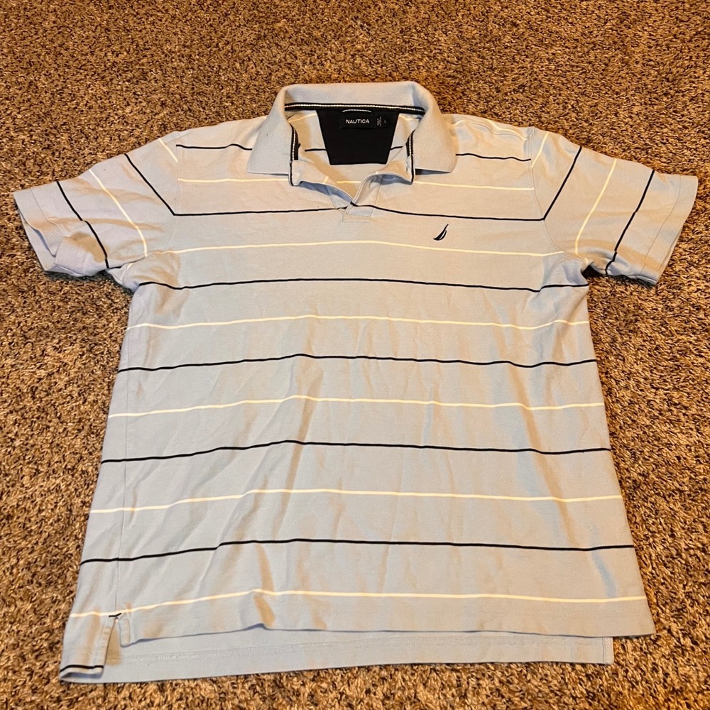 Nautica‎ Mens Classic Fit Striped Polo Shirt Size Large Blue White